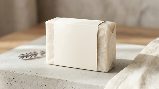 Blank soap bar wrapped in paper on a concrete slab with lavender