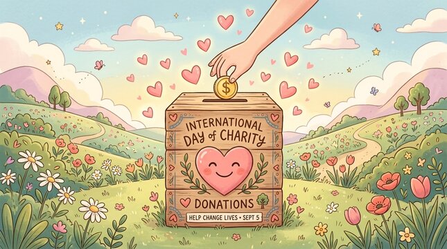 A person dropping a coin into a wooden donation box during the International Day of Charity celebration