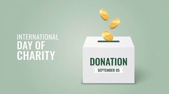 A digital illustration of a donation box with falling gold coins celebrating International Day of Charity