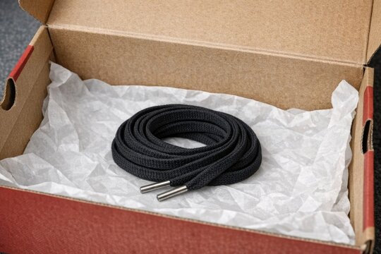 Box containing a single black shoelace, isolated on a plain background