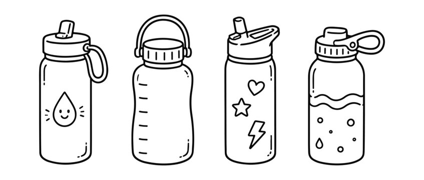 Water bottle doodle set. Hand drawn doodle set on white background