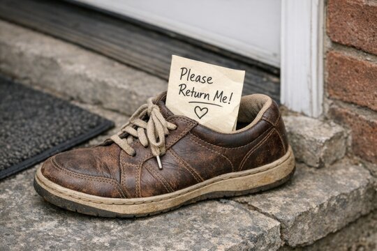 A brown shoe with a mysterious note attached