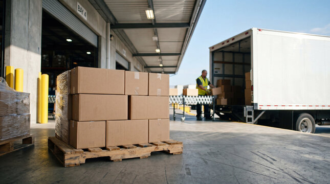Warehouse worker loading cardboard boxes onto a delivery truck at a distribution center loading dock during daytime