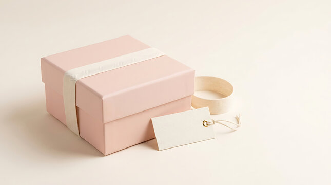 Square blush pink gift box with white ribbon and blank paper tag