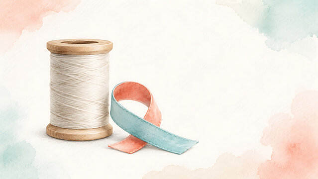 Wooden spool of white thread with pastel pink and blue ribbon on watercolor background