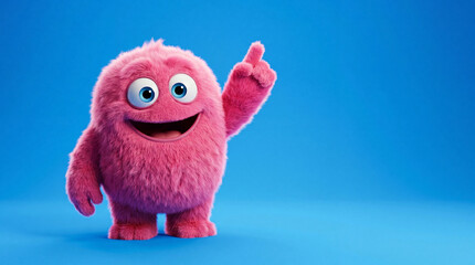 Cheerful pink furry monster character pointing up with a big smile on a solid blue background, cute 3D cartoon creature mascot illustration © Hub