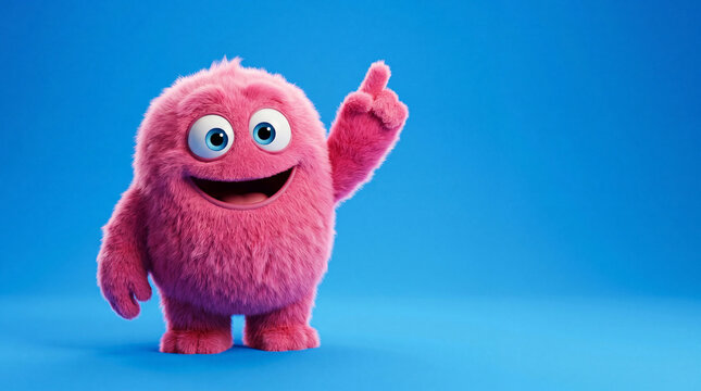 Cheerful pink furry monster character pointing up with a big smile on a solid blue background, cute 3D cartoon creature mascot illustration