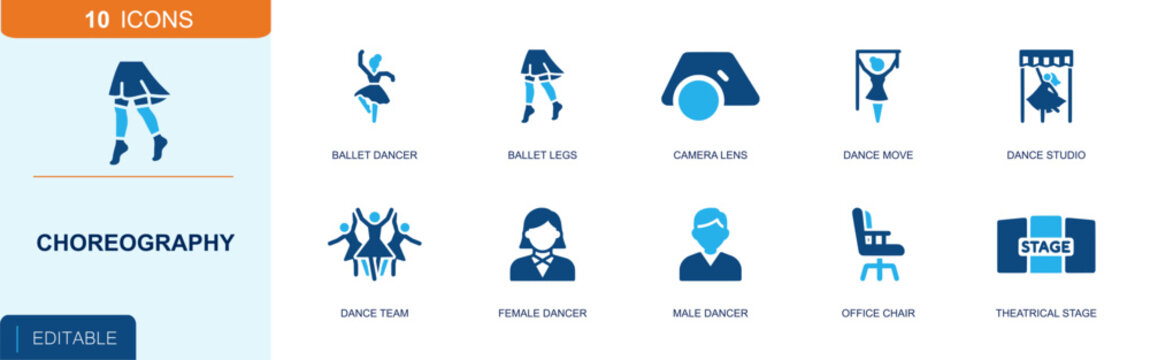 Choreography icon set. Containing ballet dancer, dance move, dance team, dance studio, stage, female dancer, male dancer, ballet legs, camera lens and more. Solid fill vector icons.