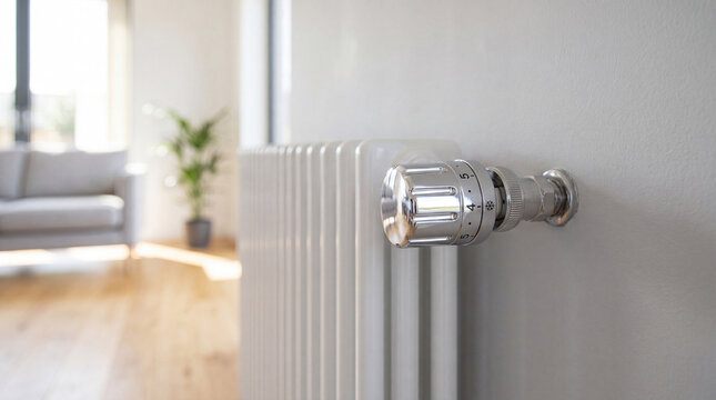 Close up of a modern white radiator with a chrome thermostatic control valve in a bright living room interior