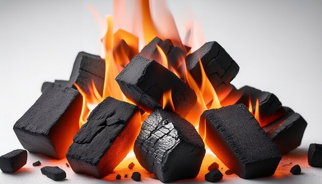 close up image of burning charcoal against a white background the hot coals glow red and orange with flames visible amongst the black charcoal