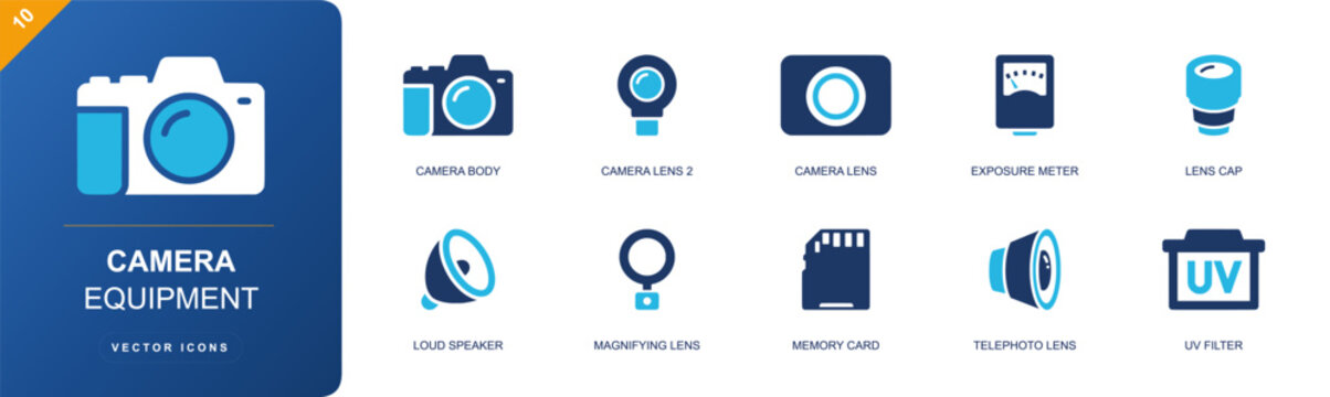 Camera equipment icon set containing camera body, camera lens, exposure meter, lens cap, magnifying lens, memory card, telephoto lens, UV filter, speaker and more, solid fill vector icons.