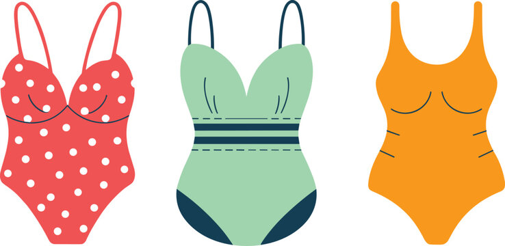 Set of three colorful women one-piece swimsuits including red polka dot light green panel and solid orange monokini style flat vector illustration