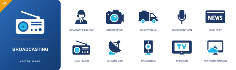 Broadcasting icon set. Containing radio player, microphone, camera device, satellite dish, TV screen, news brief, speaker box, weather broadcast, announcer and more. Solid fill vector icons. © Anna