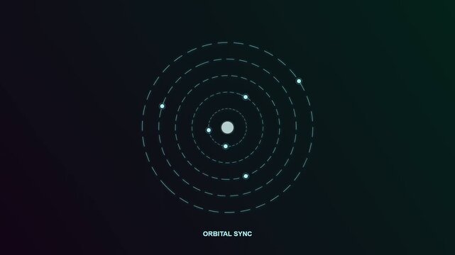 This dark digital animation illustrates effective remote team synergy through glowing spheres that smoothly orbit a central hub representing shared company goals and coordination.
