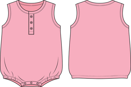 Front and back view of pink sleeveless baby romper bodysuit with buttoned henley placket and snap closure technical flat sketch vector illustration