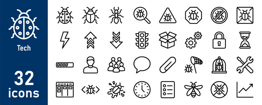 Software Bugs and Technology Issues Line Icons Set. Outline vector collection of insect bugs, coding, and problem-solving symbols.