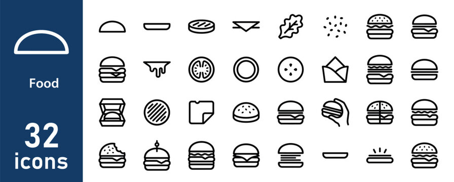 Food Icons: Burger Ingredients, Buns, Patty, Lettuce, Tomato, Sauce