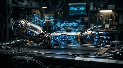 Fototapeta premium Futuristic Robotic Arm with Holographic Interface in High-Tech Engineering Workshop