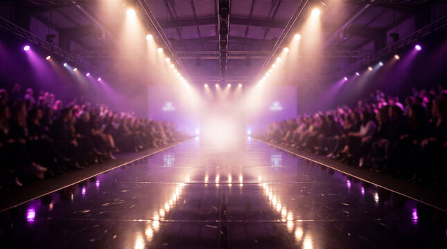 Fashion show runway with bright stage lighting and seated audience in a dark event hall with purple atmosphere