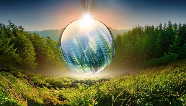 a luminous sphere floating amidst nature s embrace radiating cosmic energy and shimmering light