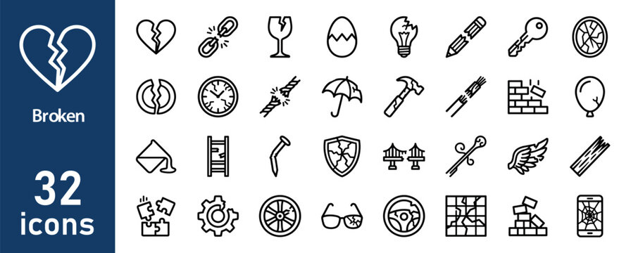Broken and Damaged Objects Line Icons Set. Collection of Destruction, Repair, and Fragility Outline Symbols.