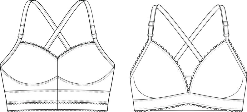 Front and back view of wireless lace trim bralette with crossover straps and elastic band technical flat sketch vector illustration