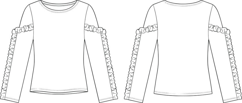 Front and back view of women crew neck long sleeve top with cold shoulder ruffles and arm frill details technical flat sketch fashion template vector illustration