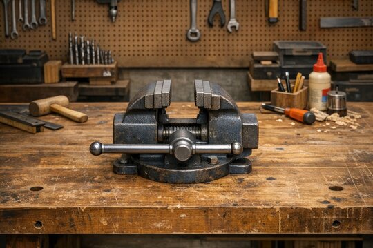 A vise on a workbench in a busy workshop