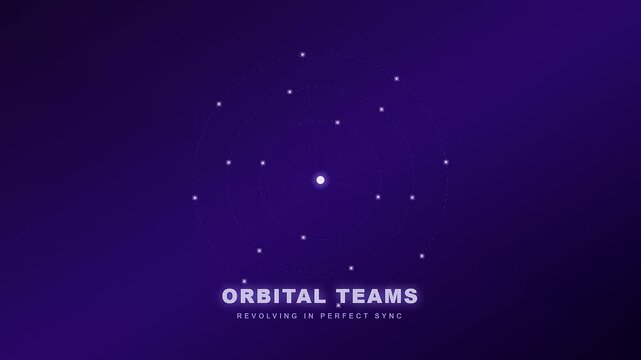 This motion graphic animation illustrates remote team synergy through white nodes revolving around a central glowing light against a deep purple space background in perfect unison