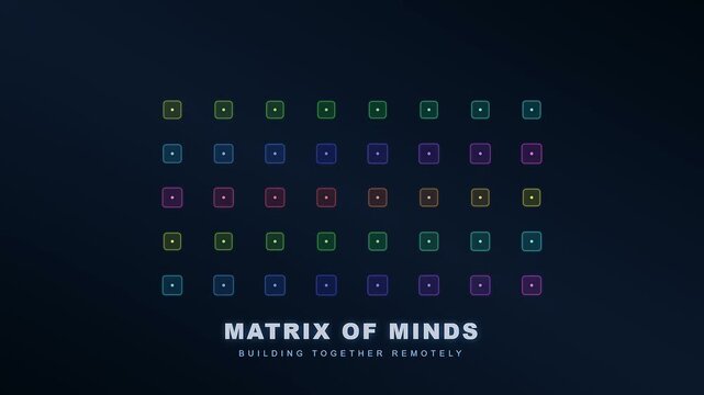 A dynamic digital visualization illustrating remote team synergy as colorful glowing squares pulse and shift across a dark background representing collective intelligence and virtual collaboration.