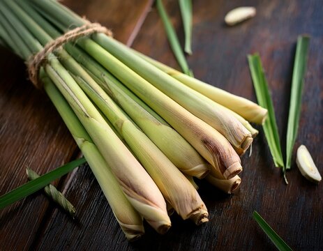 fresh lemongrass stalks bundled together in natural green hues for culinary inspiration and use