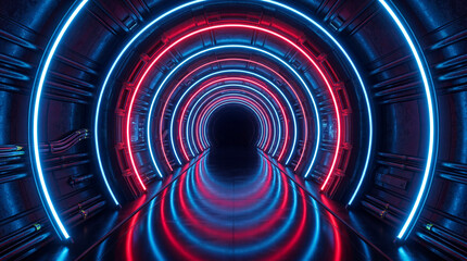 Futuristic sci-fi spaceship corridor with glowing red and blue neon lights in a dark metallic tunnel with perspective view © Hub