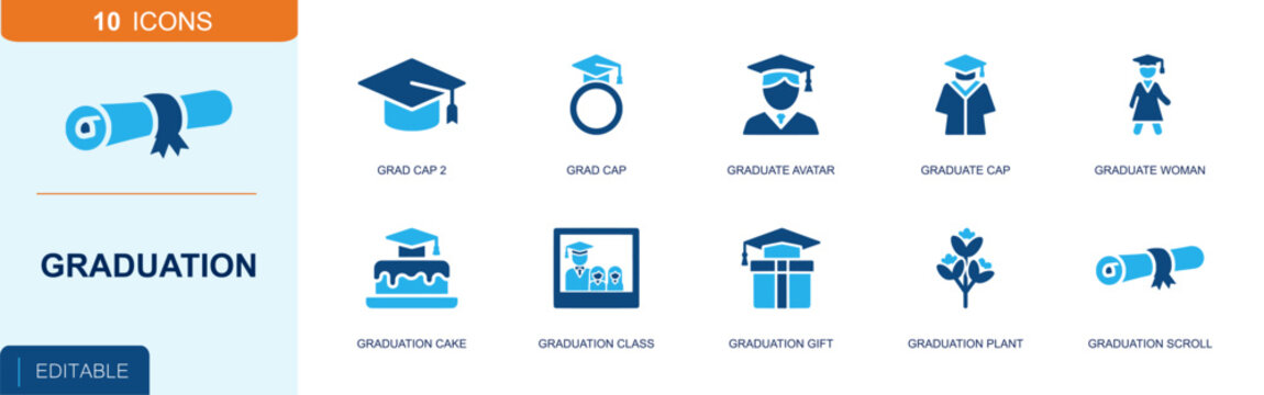 Graduation icon set. Containing graduation cap, graduate avatar, graduate woman, diploma scroll, graduation cake, class photo, gift box, flower, gown and more. Solid fill vector icons.