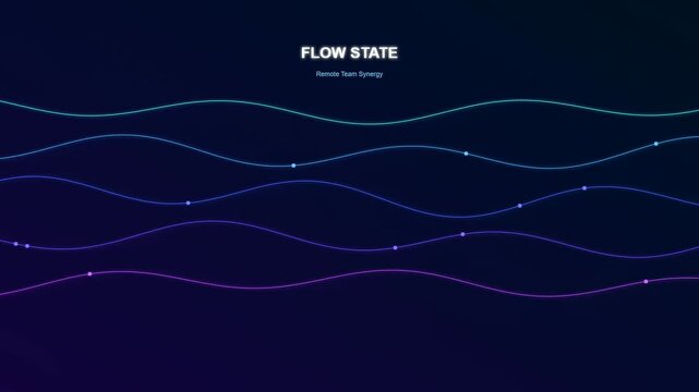 Abstract animation depicting remote team synergy with glowing teal and purple wavy lines and moving data particles displaying digital connectivity and harmonious workflow in a modern space.