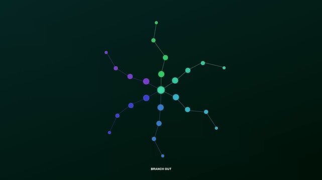 A clean digital animation shows remote team synergy as a central green node branches out into multiple colorful paths representing global connectivity and organizational growth.