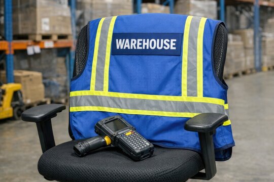A simple office chair and remote control found in a warehouse setting