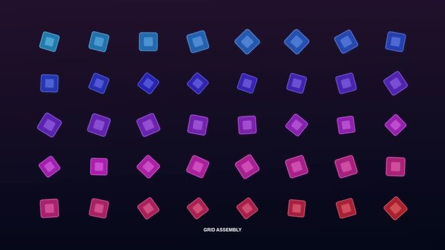 A dynamic motion graphic representing remote team synergy as colorful glowing squares rotate and align into a perfect grid over a dark cinematic background