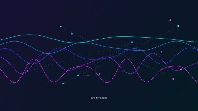 Modern visuals representing remote team synergy show colorful neon waves and glowing particles moving across a dark screen during a complex digital data synchronization process