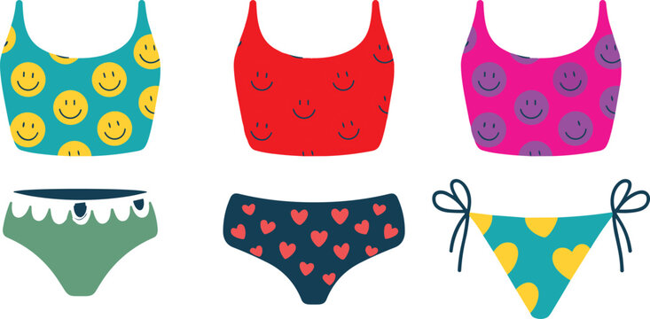 Set of colorful women bikini swimwear mix and match tops and bottoms including smiley face crop tops heart pattern and side-tie string bottoms flat vector illustration