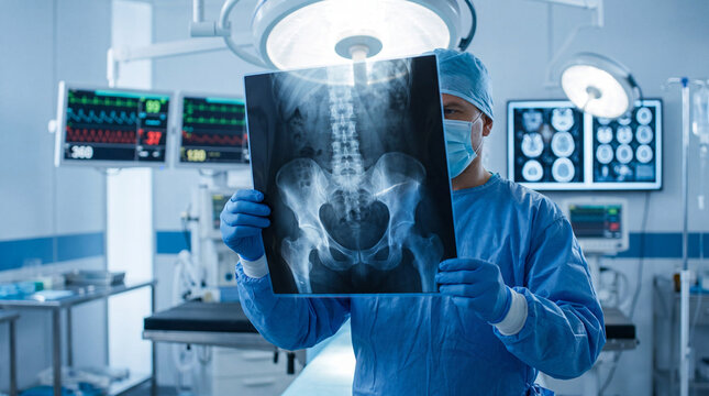 Male surgeon in blue scrubs holding an x-ray film of a human pelvis in a modern hospital operating room with medical monitors