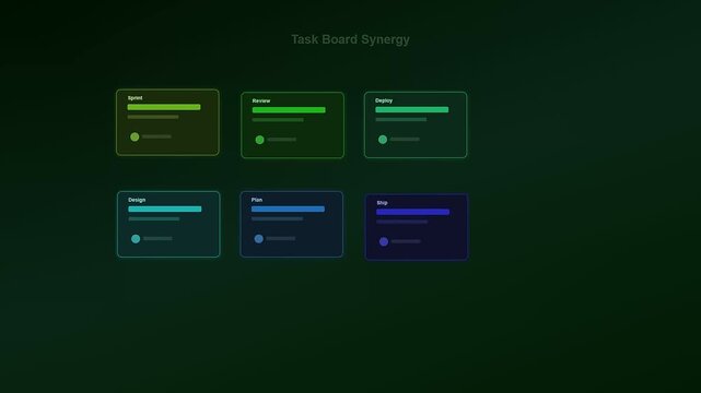 A digital dashboard showcasing remote team synergy as various project management cards move.