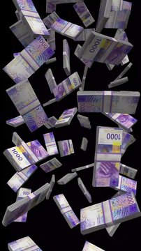 Vertical Switzerland Money, Falling Swiss Franc Bills Black Background, Premium Swiss Banking Wealth Cash Stacks, 4K