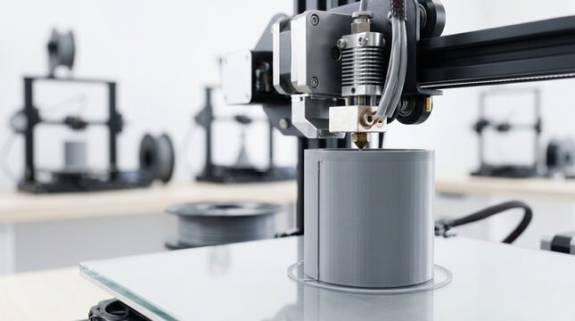 3d printer printing a grey cylindrical object in a workshop