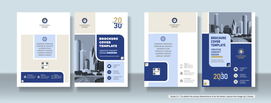 Brochure cover creative design. Multipurpose universal template, include cover and back pages. 
Trendy flat geometric style. Two sample layouts and color schemes. Vertical book a4 format. Scale 3:1