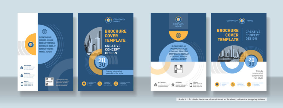 Brochure cover creative design. Multipurpose universal template, include cover and back pages. 
Trendy flat geometric style. Two sample layouts and color schemes. Vertical book a4 format. Scale 3:1