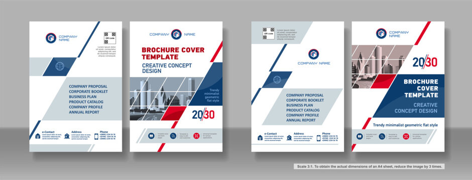 Brochure cover creative design. Multipurpose universal template, include cover and back pages. 
Trendy flat geometric style. Two sample layouts and color schemes. Vertical book a4 format. Scale 3:1