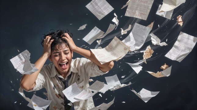 Office worker screaming in despair while papers fly around in chaotic whirlwind. Professional burnout and work-related stress concept.