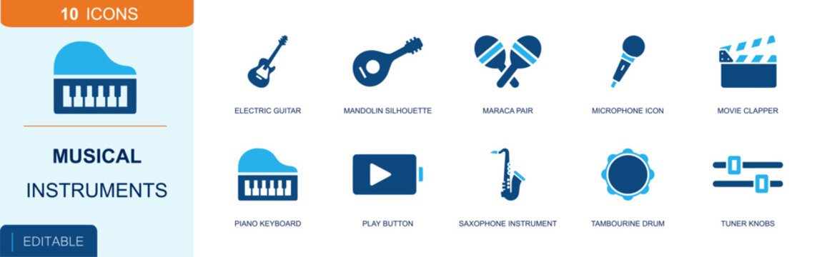 Musical instruments icon set. Containing electric guitar, mandolin, maracas, microphone, movie clapper, piano keyboard, play button, saxophone, tambourine and more. Solid fill vector icons