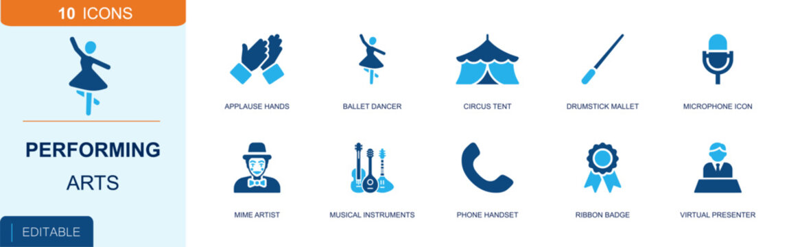 Performing arts icon set. Containing ballet dancer, mime artist, microphone, circus tent, applause hands, instruments, host, ribbon badge, mallet and more. Solid fill vector icons.