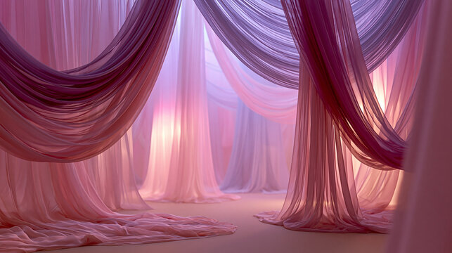 Cen&aacute;rio luxuoso e abstrato com cortinas de tecido transparente esvoa&ccedil;ante em tons de rosa e lil&aacute;s com ilumina&ccedil;&atilde;o suave
